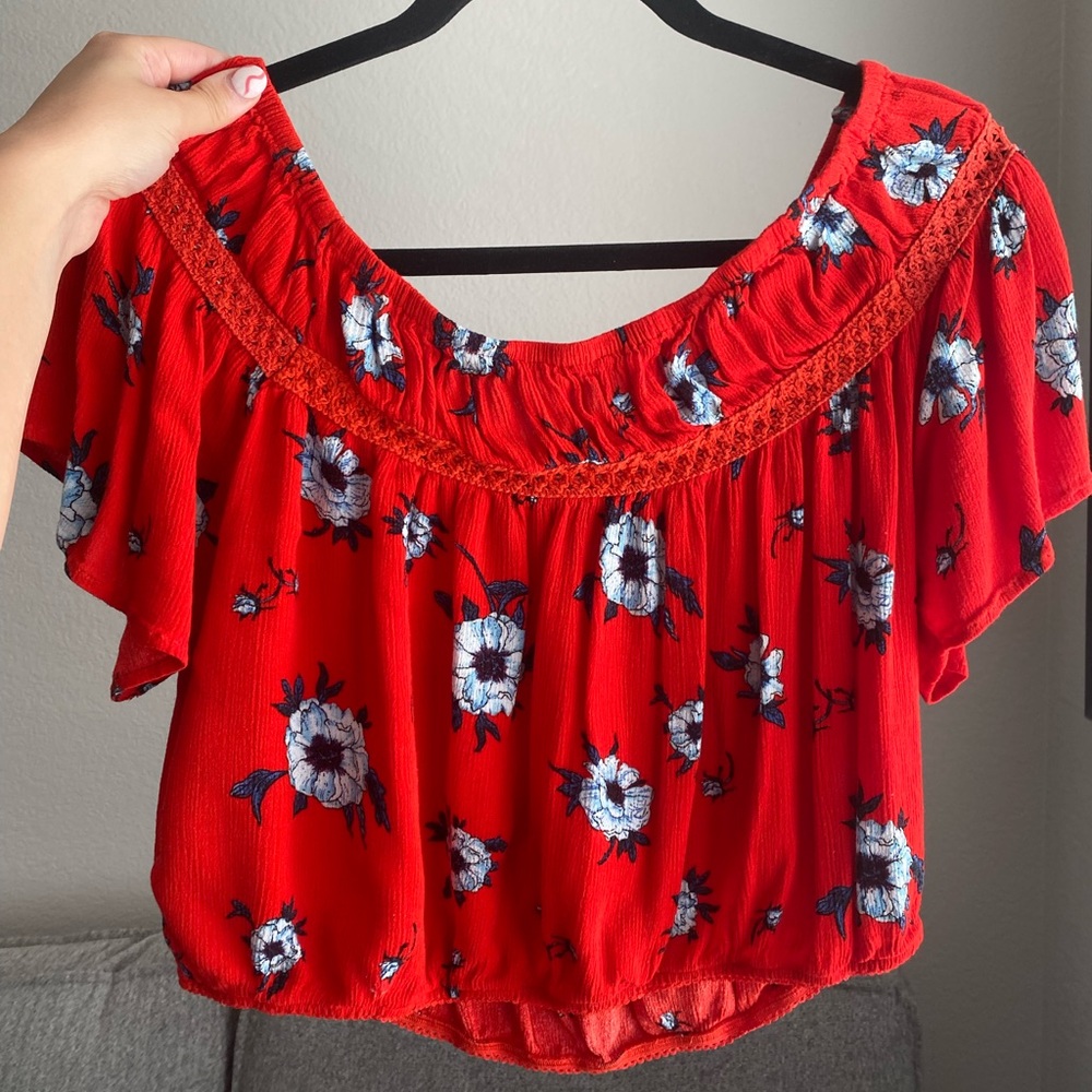 Cute Red & Floral Off-Shoulder Crop Top